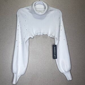 Madden Girl White Turtleneck Sweater with Pearl Details
